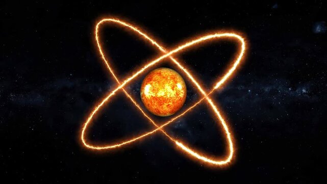 Fiery Atom Model with a Sun-like Nucleus in Deep Space atomic electrons animated