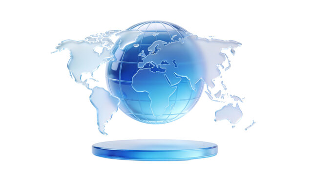 A 3d glass globe ball showing a blue world map illustration with continents and global business travel concept