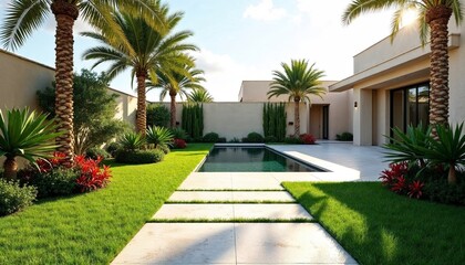 Fototapeta premium Modern house backyard with swimming pool. Luxury residential landscaping and architecture design. Outdoor living space for vacation.