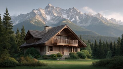 Serene Mountain Retreat with Wooden Cabin Surrounded by Lush Forest and Majestic Snow-Capped Peaks under Soft Morning Light