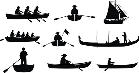 Collection of boat and rower silhouettes including canoe, gondola and sailboat isolated on white background, nautical vector illustration set © Hello there