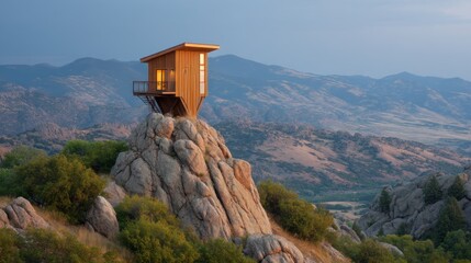 Modern wooden cabin perched on rocky outcrop overlooking mountainous landscape during twilight with dramatic sky and natural surroundings