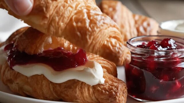 Fresh croissants with berry jam and yogurt for breakfast