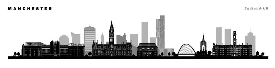 Fototapeta premium Manchester silhouette city landmarks black and white architectural vector illustration, england