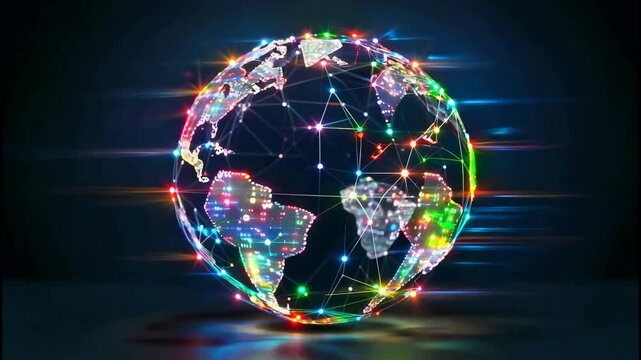 Vibrant global network connections on illuminated world map