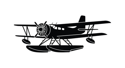 Black silhouette of a biplane with floats side view against white background © msunny93