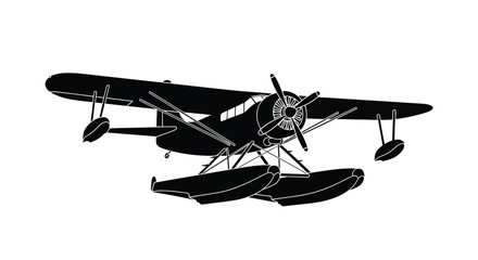 Black and white silhouette of a vintage biplane with floats © msunny93