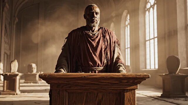 Wise elder in ancient lecture hall delivering solemn speech from wooden podium