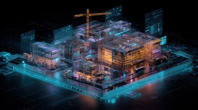 3d isometric hologram of a building construction site with digital data and circuit board, bright colors, dark background.