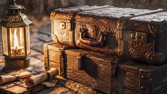 Worn leather suitcase with engraved patterns resting atop a vintage chest by a lantern