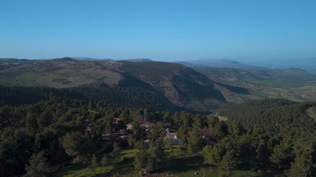 Bat Yaar Ranch and its meat restaurant located in Biriya Forest captured during an aerial drone flight in Israel.