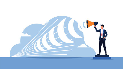 Obraz premium Professional man standing on a podium and using a megaphone to broadcast a loud message through large powerful blue sound waves.