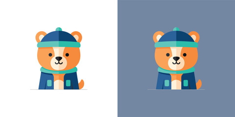 Charming Cartoon Bear Cub Illustration in Cozy Winter Attire. An Adorable Flat Design Character Wearing a Blue Hat and Scarf, Ideal for Seasonal Themes and Children's Content © NezukoArt