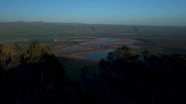 Keren Naftali viewpoint in Israel featuring Agamon Hula lake and patchwork farmland captured through a wide aerial shot.