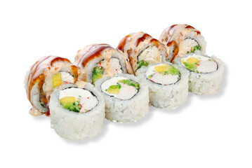 Japanese sushi rolls with crab avocado cucumber and creamy sauce isolated on white background fresh seafood cuisine concept © Александр Гаврилычев