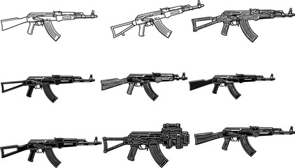 Set of assault rifle silhouettes and detailed line art icons featuring various military firearms and automatic weapons isolated on white background © Sherina