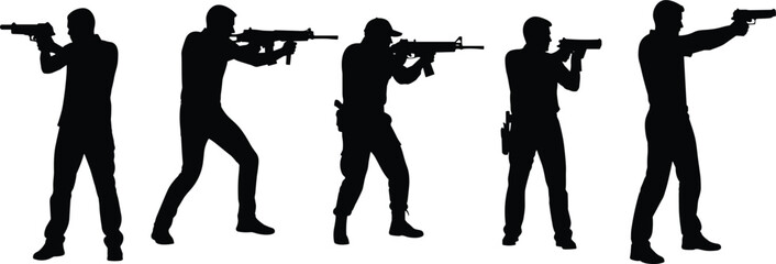 Collection of black male silhouettes in tactical shooting positions using handguns and assault rifles for security, law enforcement, and military concepts. © Sherina