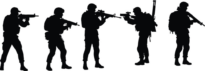 Tactical military and police officer silhouettes set featuring soldiers and armed men in shooting stances with rifles and handguns for security. © Sherina