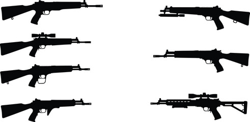 Set of tactical military soldier silhouettes and handgun technical vector illustrations featuring armed men in shooting stances and detailed firearm blueprints. © Sherina