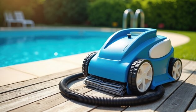 Blue robotic pool cleaner rests on wooden deck beside clear blue water. Device ready for swim pool maintenance. Automatic cleaning bot near poolside.