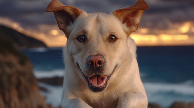 Playful Dog on Beach at Sunset
