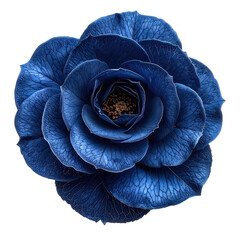 Fototapeta premium Deep blue flower, intricately layered petals, centered on black background
