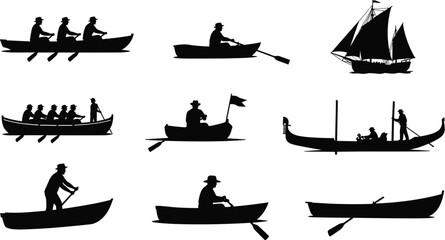 Set of boat and rowing silhouettes including canoe, gondola and sailboat isolated on white background, nautical transport vector illustration collection © Hello there