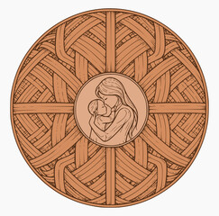 Intricate Circular Woven Medallion with Mother and Baby Illustration