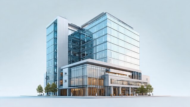 Office building stands with a contemporary glass and steel structure integrated with small green trees.