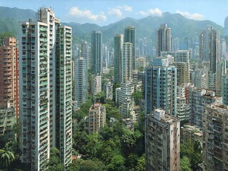 Obraz premium Crowded residential towers in an asian urban skyline featuring many tall high-rise buildings
