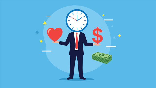 Businessman with a clock head balancing a red heart and a gold dollar sign representing a healthy work life balance and priorities.
