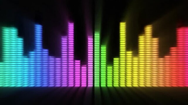 Colorful o equalizer bars glow brightly, displaying a vibrant rainbow spectrum.