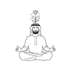 Minimalist line art of a human meditating with blooming flowers from head, mental health and self-care concept.