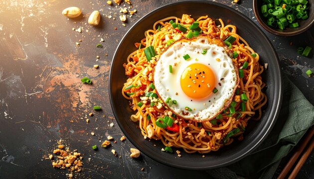 Indonesian fried noodles with fried egg and peanuts, Asian comfort food served in a bowl with green onion garnish