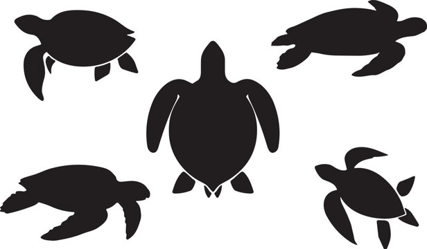 Sea turtle silhouette vector set. Marine reptile icons in different swimming angles and views. Ocean wildlife collection isolated for logo design, aquarium branding and coastal themes.