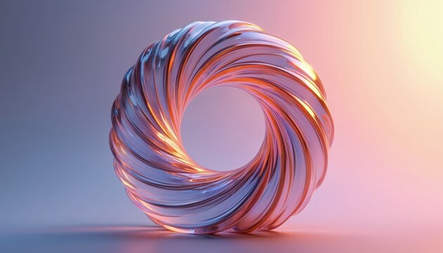 Transparent twisted torus shape refracts light with swirling periwinkle, orange hues against soft twilight background. Futuristic geometric form glows, suggesting innovation, design. Shiny abstract