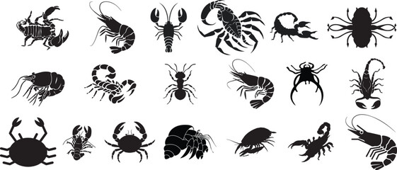 Marine and arthropod silhouette vector set. Black crab, lobster, shrimp, scorpion and insect collection. Detailed animal icons isolated for seafood branding, tattoo and wildlife design. © Queen-Olivia-Studio