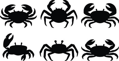 Crab silhouette icon set. Black sea crab collection in flat vector style. Marine crustacean shapes isolated for seafood branding, logo design and coastal themes. © Olivia