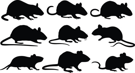 Mouse silhouette vector set. Black small rodent collection in different poses and angles. Pest animal icons isolated for biology study, logo design and wildlife graphics.