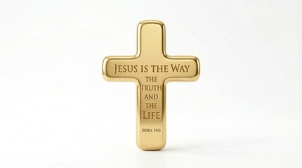 Obraz premium Jesus is the way the truth and the life Design, Christian Inspirational saying, bible verse design with golden cross, solid gold, smooth rounded polished surface, isolated on white background