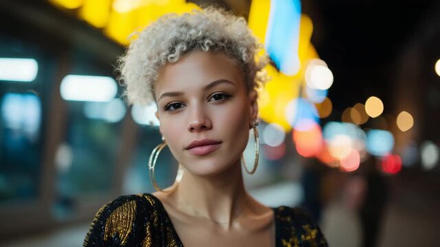 385Portrait of a diverse individual in a neon-lit environment, creative fashion and hairstyle, dramatic colorful reflections enhancing features, emotional and expressive modern identi