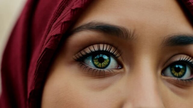 Close-up of a woman's eyes wearing a red headscarf