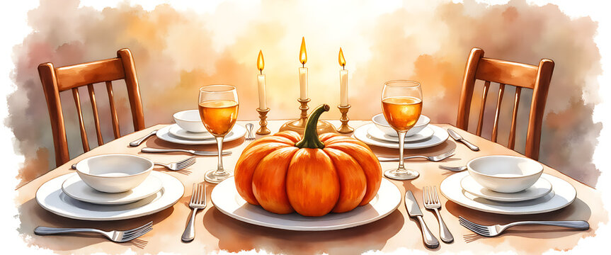 Thanksgiving Dinner Table Setting with Pumpkin and Candles Warm Autumn Light
