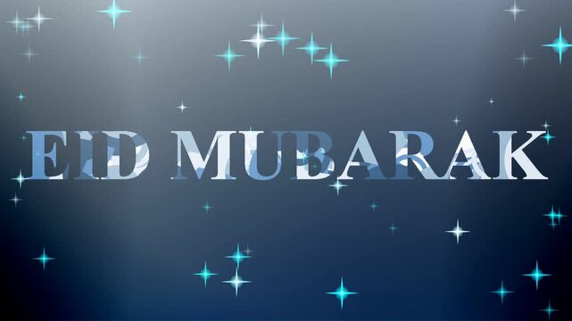 Eid Mubarak greeting card with stars on dark background.