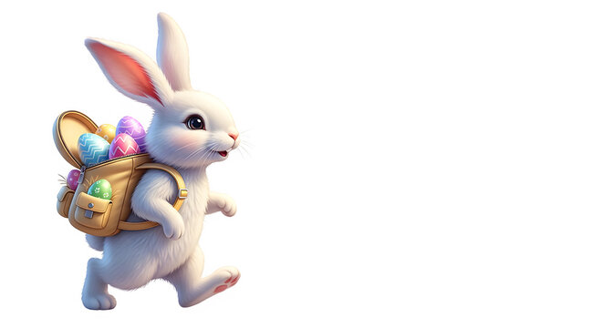 White rabbit with colorful backpack isolated on transparent background