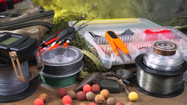 Fishing tackle is laid out on a wooden background, slowly moving along a horizontal plane. Fishing tackle for fun.