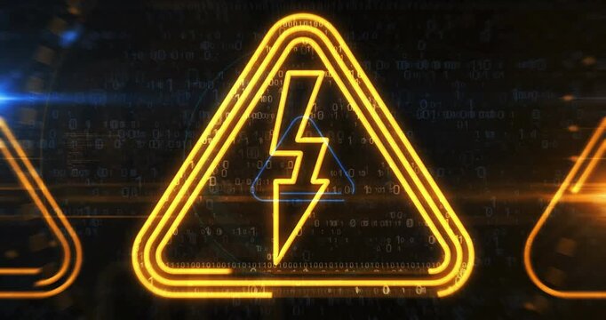 Electricity warning and electric shok hazard symbol abstract digital concept. Cyber technology and computer background line contour seamless and looped animation.