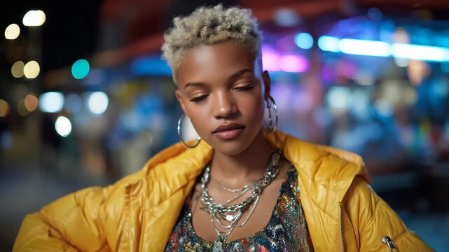 Close-up of a diverse individual illuminated by colorful neon lighting, creative hairstyle and bold fashion, emotional expression in eyes, futuristic urban background softly blurre