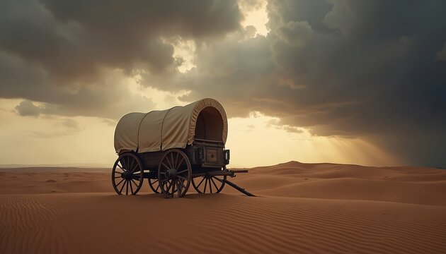 Old covered wagon rests on desert sand dune under dramatic stormy sky. Sunbeams break through dark clouds casting light rays on arid landscape. Vintage transport waits for journey.