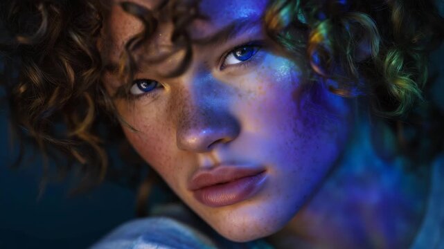 Close-up of diverse model with neon glow reflecting on skin, rich contrasting colors illuminating contours of face and hair, expressive emotion and individuality, modern digital cu